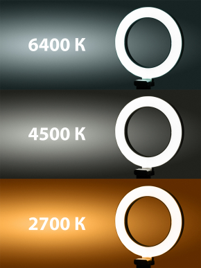 Лампа кольцевая светодиодная 16 см, 6 Вт, 2700-6400 К, штатив наст., диммер, USB, TDM