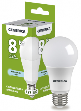 Лампа LED A60 груша 8Вт 230В 6500К E27 GENERICA