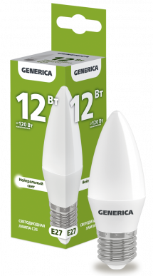 Лампа LED C35 свеча 12Вт 230В 4000К E27 GENERICA