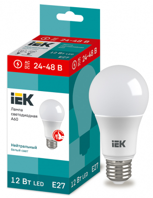 Лампа LED A60 шар 12Вт 24-48В 4000К E27 IEK