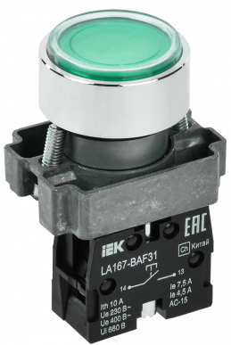 Кнопка LA167-BAF31 d=22мм 1з зеленая IEK
